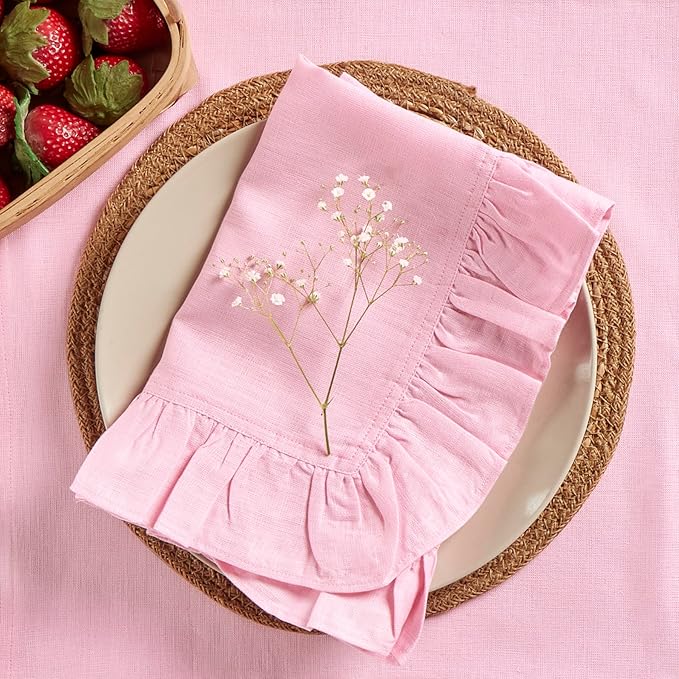 Solino Home Linen Ruffle Napkins Set of 4-100% Pure Linen Pink Lemonade Dinner Napkins Cloth 20 x 20 Inch for Christmas - Gabrielle Ruffle, Handcrafted and Machine Washable