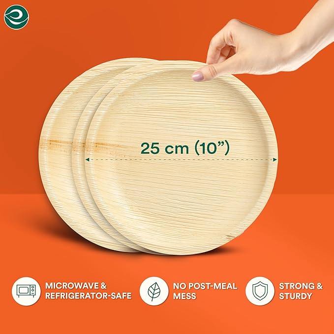 ECO SOUL Palm Leaf Disposable Bamboo Plates 10" Round Compostable & Biodegradable Party Plates for Christmas Dinner, Weddings, Parties & Events 50 Count