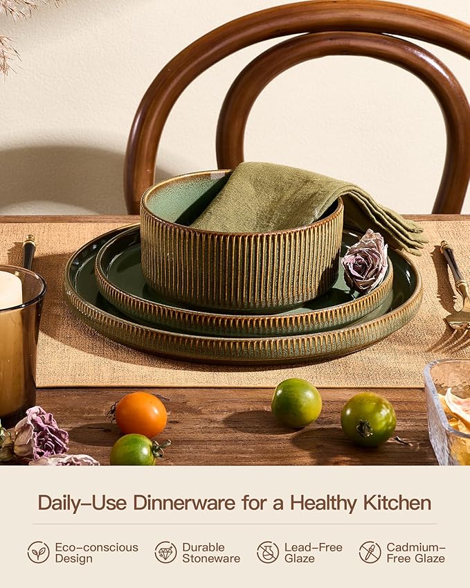 24-Piece Dinnerware Set Service for 8, Famiware Premium Stoneware Dish Set with Ribbed Plates and Deep Bowls, Double Reactive Glaze, Chip & Scratch Resistant, Microwave & Dishwasher Safe, Moss