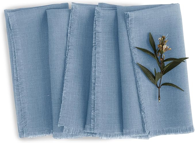 Solino Home Fringe Linen Napkins Set of 4-100% Pure Linen Dusty Chambray Blue Dinner Napkins 20 x 20 Inch - Handcrafted and Machine Washable