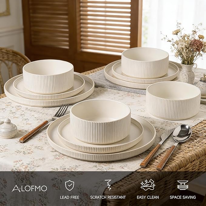 Dinnerware Set Service for 8, 24-Piece Ceramic Plates and Bowls Set, Chip & Scratch Resistant, Microwave and Dishwasher Safe, Modern Minimalist Tableware for Everyday Use, Matte White