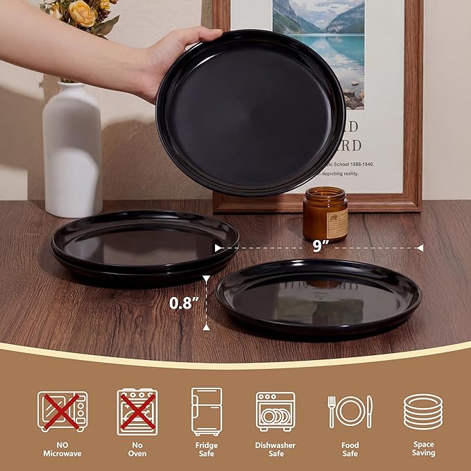 ONEderful 9 Inch Melamine Dinner Plates Set of 4 - Black Modern Flat Plates, Durable & Lightweight Catering Dishes for Parties, Picnics, Holidays, Dishwasher Safe