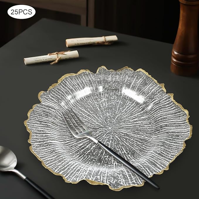 25 PCS Clear Charger Plates Bulk, 13 Inch Floral Reef Plastic Charger Dinner Plates Round Service Plates Decorative Chargers Bulk for Table Setting Wedding Party Event(Gold)
