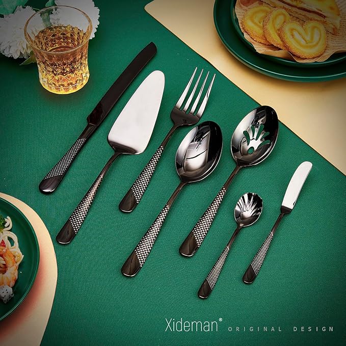 Xideman® 7-Piece Hammered 18/10 Stainless Steel Silverware Serving Utensil Set - Hostess Flatware with Cake Knife & Cake Server (Black)