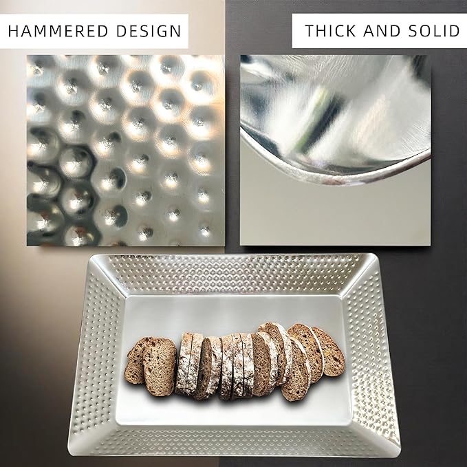 Stainless Steel Silver Serving Tray,Rectangle Hammered Metal Platters 2 Packs