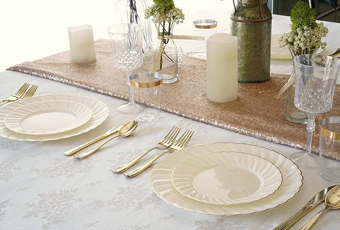 " OCCASIONS " 240 Plates Pack,(120 Guests) Vintage Wedding Party Disposable Plastic Plates Set -120 x 10.25'' Dinner + 120 x 7.5'' Salad/Dessert (Blossom Ivory/Gold)