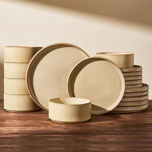 Stoneware Plates and Bowls Dishes Sets Service for 6 (18-Piece), Handcrafted Reactive Glaze Dinnerware Set with Raised Rim, Scratch Resistant, Microwave Dishwasher Safe, Cream