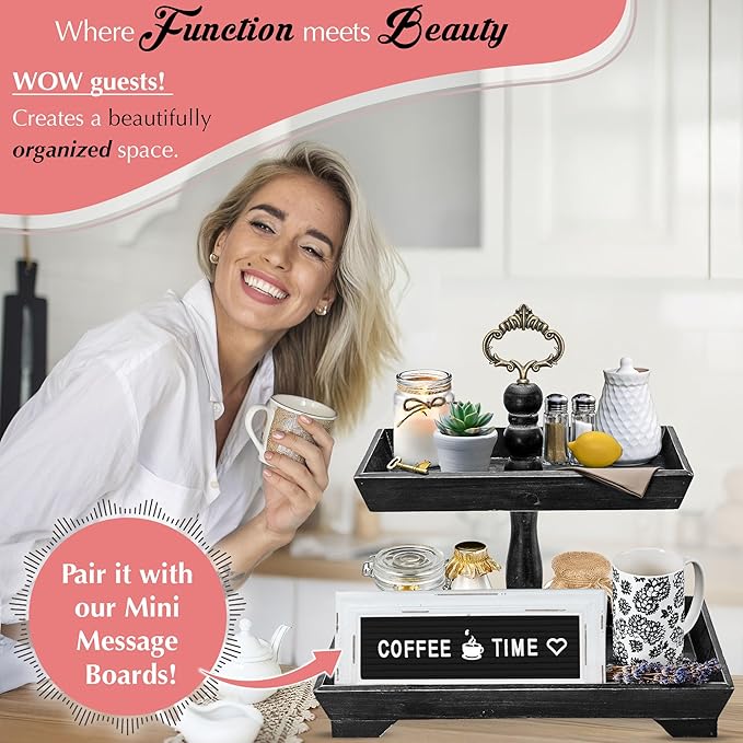 Felt Creative Home Goods Rectangle Rustic Wood Two Tiered Tray, 2 Tier Serving Tray for Coffee Bar, Kitchen Counter, Dining Room Table, Cupcake Stand, Holiday and Farmhouse Decor (Rustic Black)