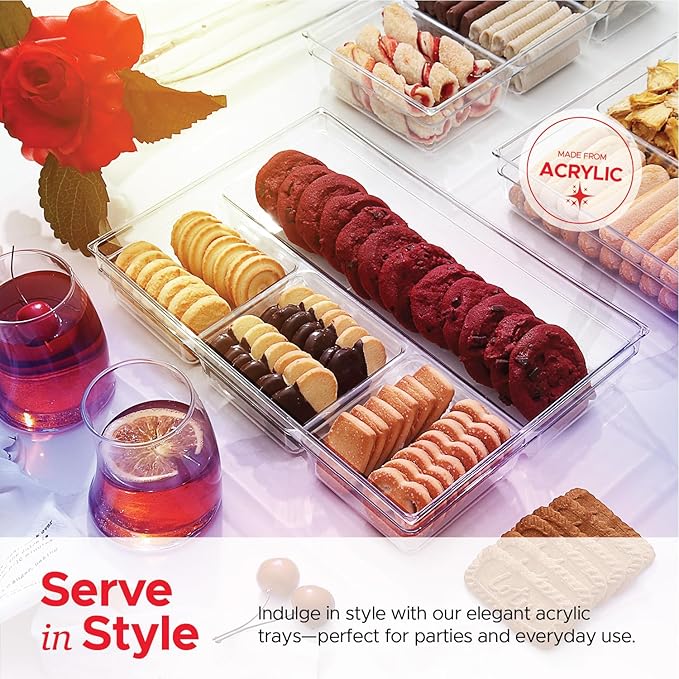 2 Pack 4-Section Serving Platter & Clear Acrylic Party Tray - BPA Free Food, Cookie & Charcuterie Tray for Cheese, Fruit & Snacks - Elegant, Durable Design for Every Occasion
