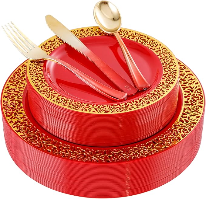 U-QE 150PCS Red and Gold Plastic Plates, Red Disposable Plates with Gold Rim for 30 Guests Include 30 Dinner Plates 10.25", 30 Salad Plates 7.5",30 Forks,30 Knives,30 Spoons Perfect for Party&Wedding