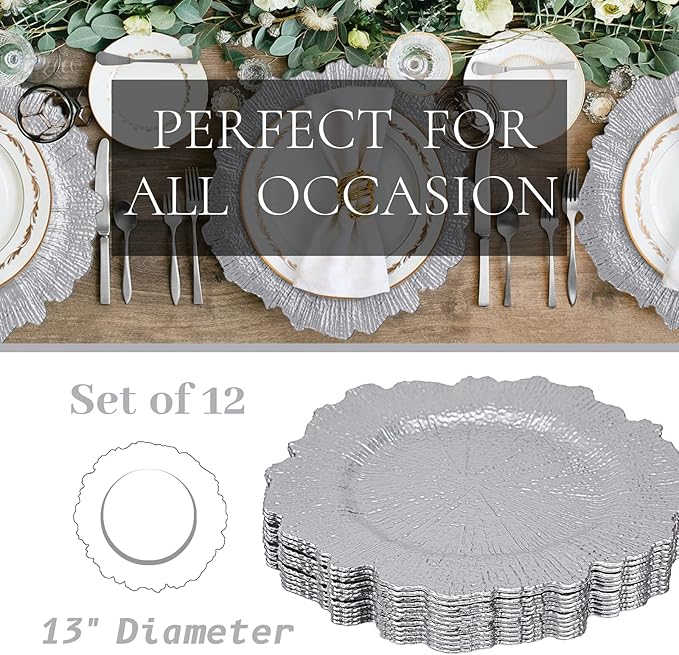 MAONAME 13" Silver Charger Plates, Round Reef Chargers for Dinner Plates, Plastic Plate Chargers for Table Setting, Wedding Decor, Set of 12
