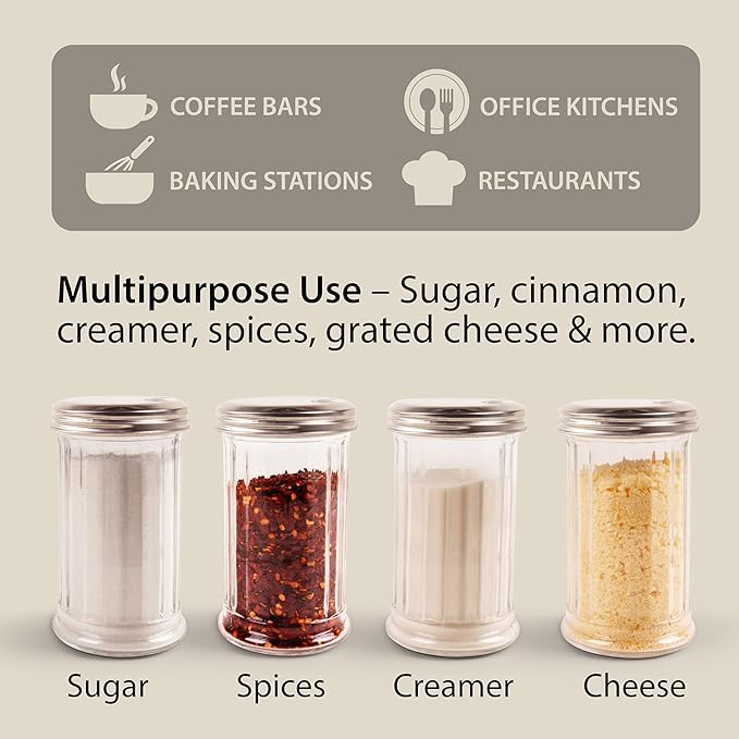 2 Pack Salt Sugar Shaker dispenser - Powder Sugar Dispenser Canisters - Glass Sugar Container with lid - Spice, Cinnamon, Baking Soda, Pourer Bottle Jar holder for Coffee Bar or Kitchen Countertop