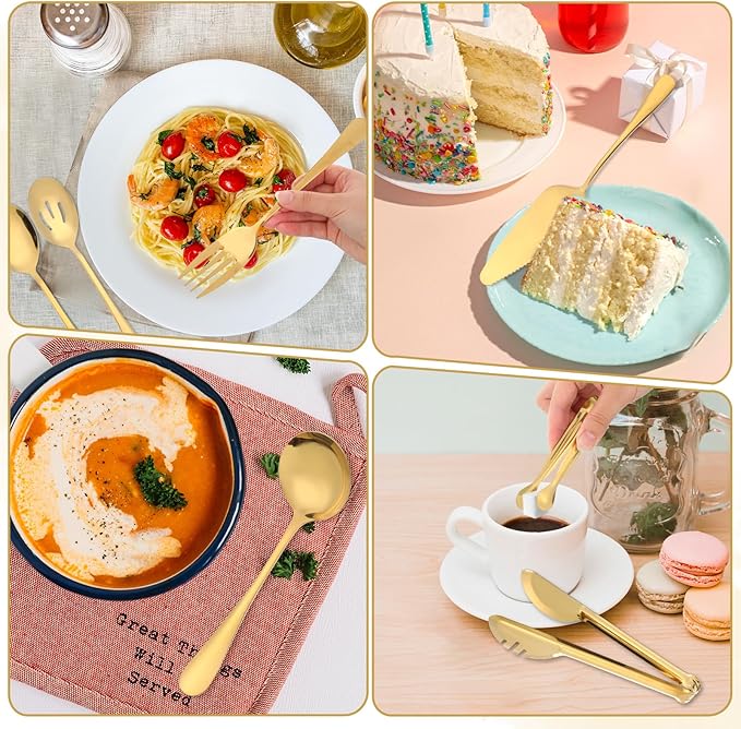 12Pcs Gold Serving Utensils Set, Stainless Steel Serving Utensils Set includes Serving Spoon, Serving Solted Spoons, Fork, Sugar Tongs, Food Tongs, Cake Spatula, Soup Spoon for Parties, Buffet