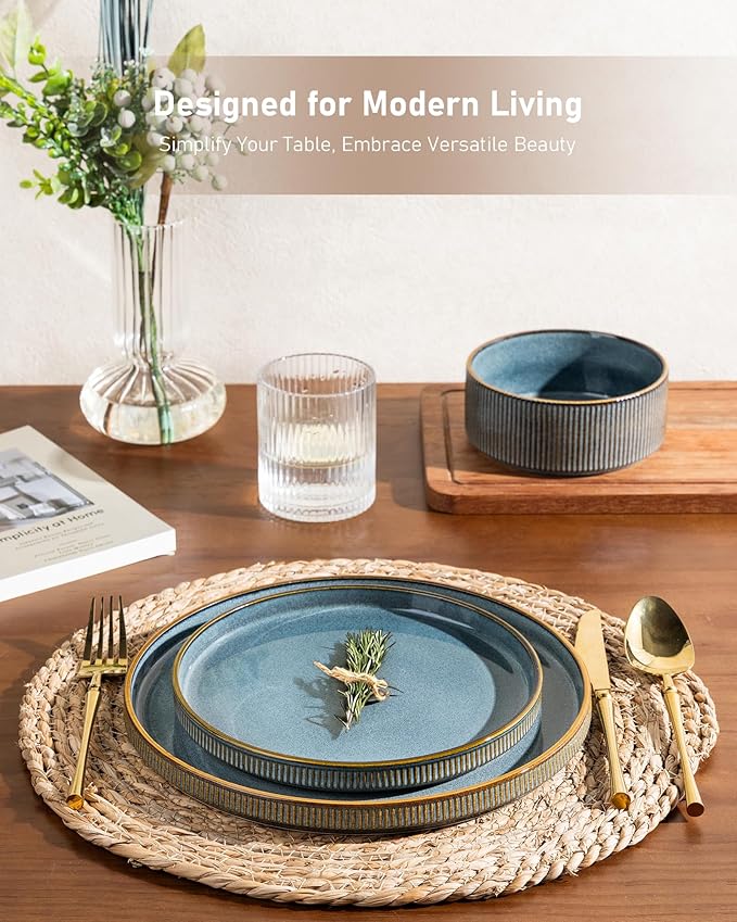 GBHOME 18-Piece Stoneware Dinnerware Set for 6 – Ribbed Ceramic Plates and Bowls, Scratch-Resistant, Microwave & Dishwasher Safe, Reactive Glaze, Deep Ocean
