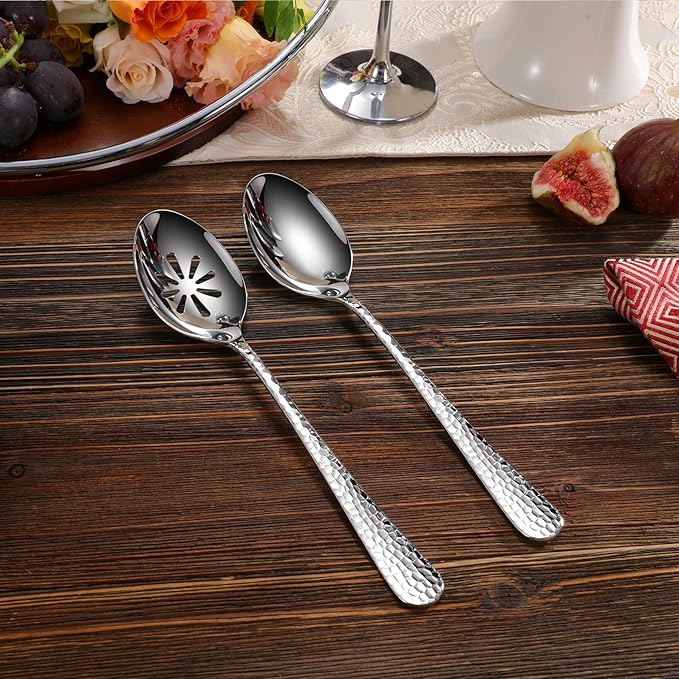 KEAWELL Premium Louise Hammered Serving Spoon Set, 18/10 Stainless Steel, 9" Fine Hostess Utensils With Round Edge, Dishwasher Safe