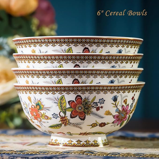 ACMLIFE Bone China Dinnerware Set for 4, 12-Piece Vintage Floral Dinnerware Set, Kitchen Plates and Bowls Set, China Plates Set, Christmas Gifts for Women, Thanksgiving Dinnerware Sets(Pink)