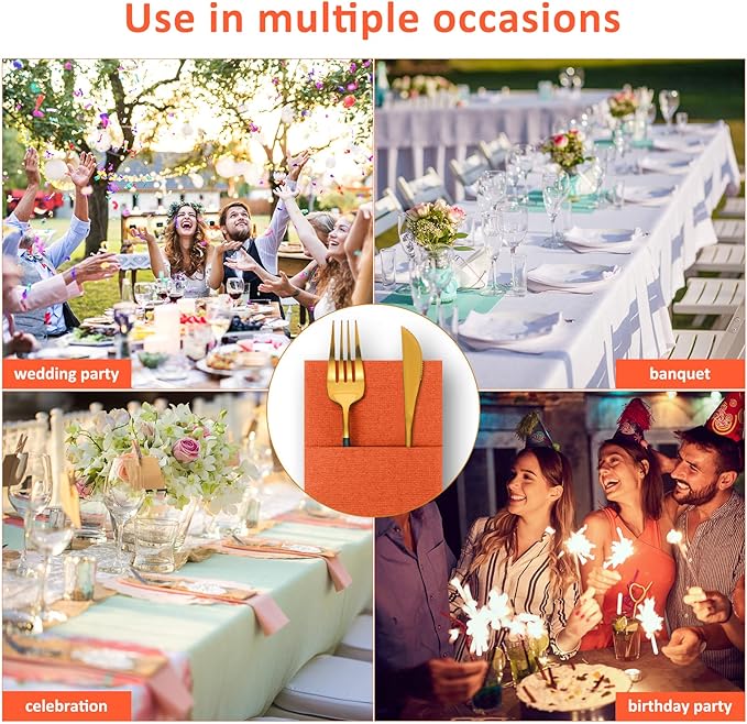 Cindeer 150 Pcs Orange Linen Dinner Feel Napkins with Built in Flatware Pocket Prefolded Paper Disposable Airlaid Guest Hand Towel for Silverware Wedding Reception Christmas Baby Shower