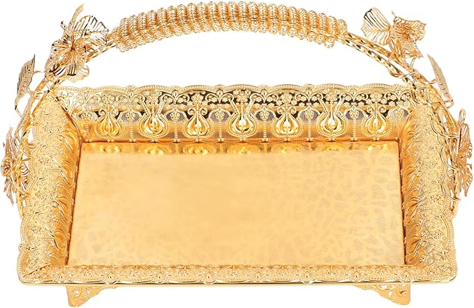 Dioche Vintage Style Coffee Serving Tray - Elegant Gold Color Zinc Alloy Metal Serving Tray for Home, Bar & Cafe - Decorative Tea, Appetizer, & Platter Use