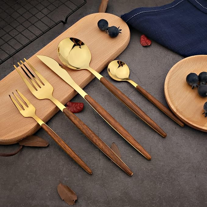20-piece Wood Silverware Set for 4, Include Knife Fork Spoon, Stainless Steel Flatware Set with Wooden Handle, Mirror, Dishwasher Safe, for Home Kitchen Travel - Round Handle Gold