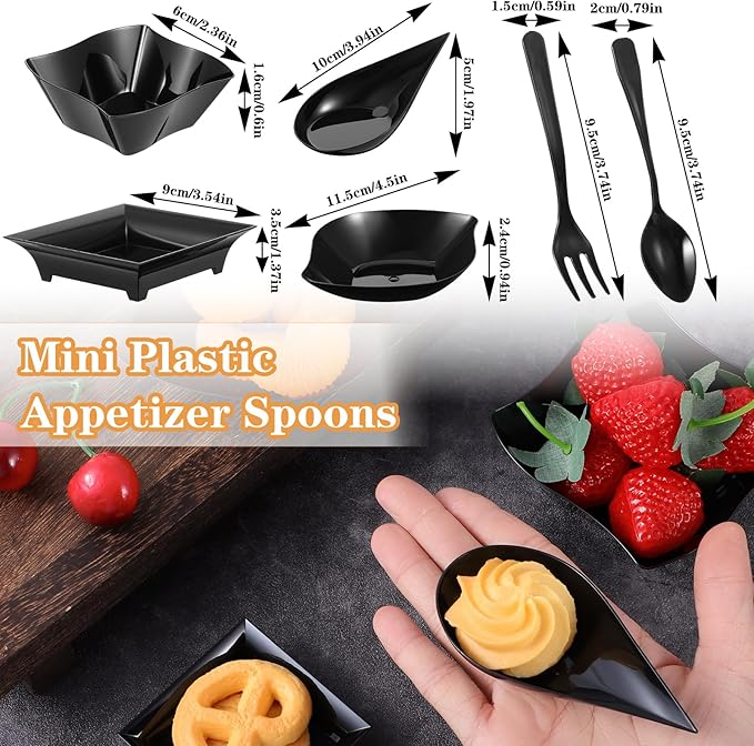200 Pcs Mini Dessert Plates with Spoons and Forks Disposable Appetizer Plates Set Assorted Shape Dessert Bowls And Serving Trays Plastic Party Plate For Desserts Appetizer Tasting Wedding Events