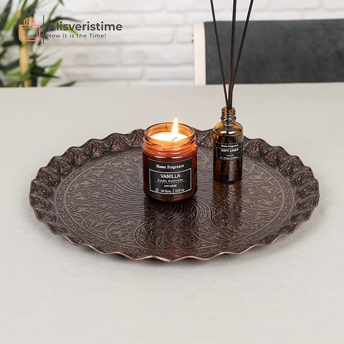 Alisveristime Turkish Ottoman Coffee Tea Serving Tray – 11.8 Inches, Wavy Zamac Tray with Traditional Motifs, Available in Five Color Variations (Copper)