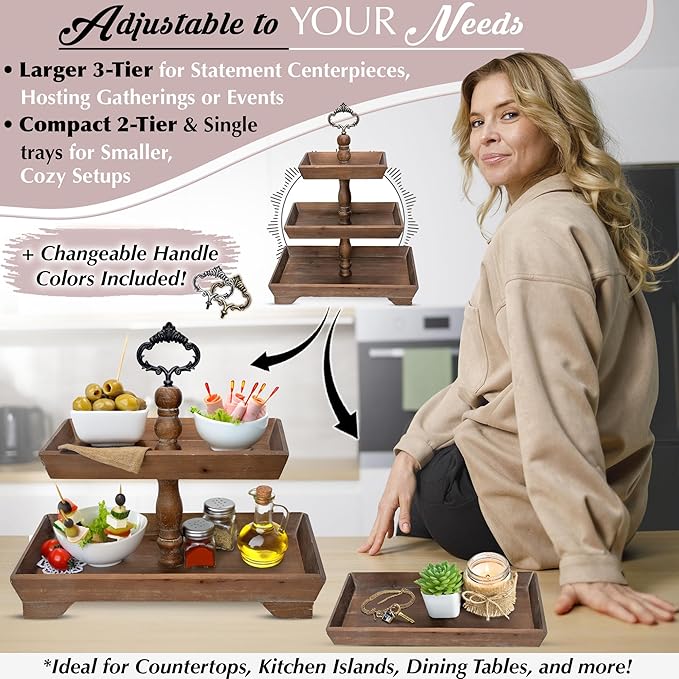 3 Tier Serving Tray [3 in 1] - Gorgeous Coffee Table Tray [Includes 3 Changeable Handles] - Can Assemble into a 1, 2 or 3 Tier Decor - Kitchen Table Centerpiece - Rectangle Wooden Serving Stand