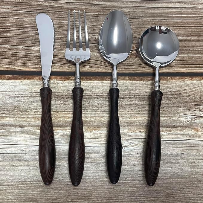 48-Piece Wenge Wooden Handle Flatware Set Silverware Set Stainless Steel Kitchen Utensils Spoons and Forks Set Mirror Polish, Hygienic and Safe, Ergonomic for Formal Occasions & Restaurant