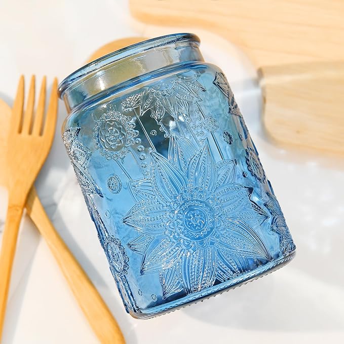 Glass Storage Jars With Airtight Lid, 23.7oz Canister For Kitchen Counter with Wooden Lid, brown sugar, candy, coffee, cookie, salt, tea,pantry cute Jar (2-Pack Blue, 23.7 floz)