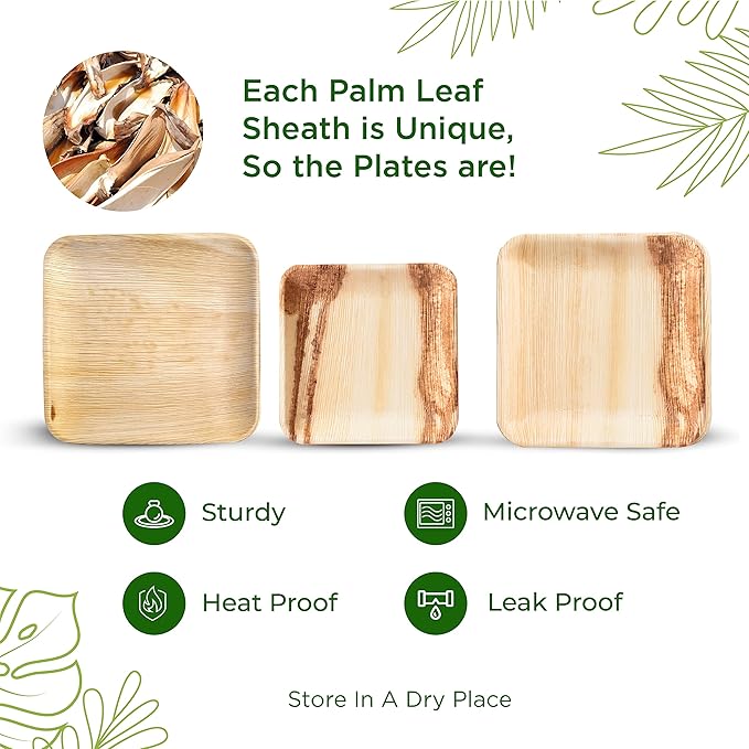 6 Inch 100 Square Palm Leaf Plates – Compostable, Biodegradable, Eco-Friendly – Like Bamboo Disposable Plates for Party, Wedding, Picnic – Sturdy, Heat Proof & Leak Proof