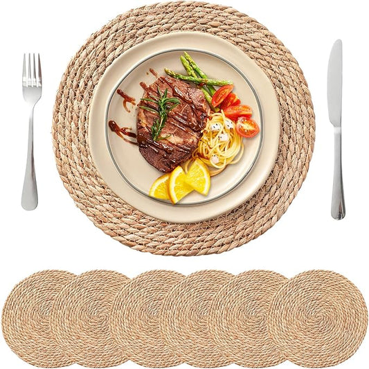 Round Woven Placemats Set of 6, 13.5'' Boho Rattan Chargers for Dinner Plates, Rustic Wicker Place Mats, Straw Braided Table Placemats, for Dining Table Decor, Wedding, Farmhouse and Home Decor