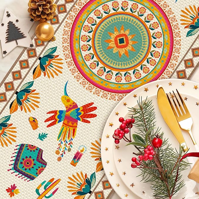 Mexican Fifth of May Table Runner Seasonal Holiday Kitchen Dining Linen Table Decoration for Indoor Outdoor Home Party Decor 13 x 72 Inch