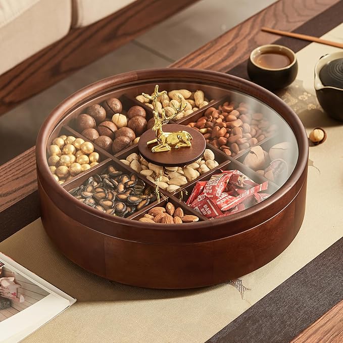 12" Wooden Serving Tray with Lid, 360° Rotating Snack Try, 9 Compartments, Platter Organizer for Snacks, Candy, Nuts, Chips, Tray for Party, Family Dinner and Holidays