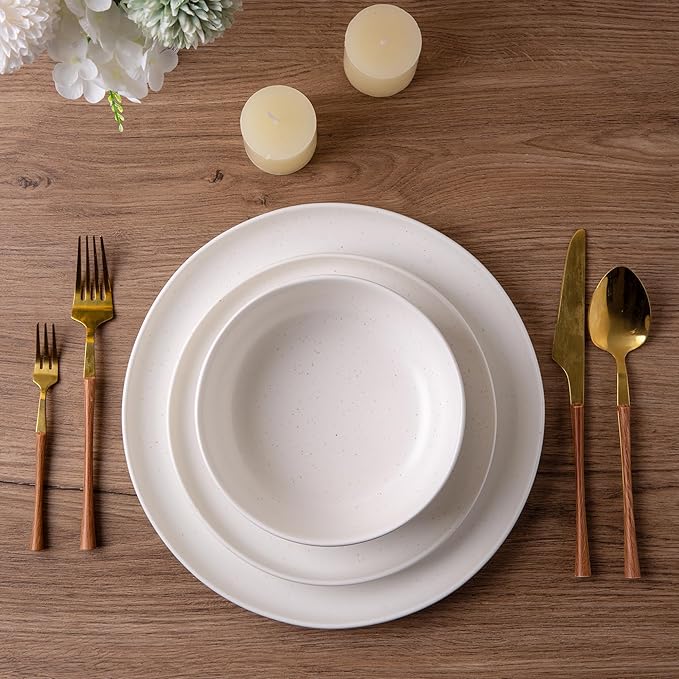 AmorArc Ceramic Dinnerware Sets, Wavy Rim Stoneware Plates and Bowls Sets, Highly Chip and Crack Resistant | Dishwasher & Microwave & Oven Safe Dishes set, Service for 6 (18pc)-Matte Speckled White