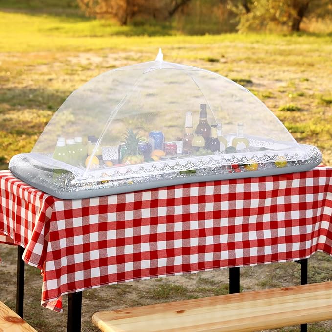 8 Pcs Glitter Inflatable Serving Bar Kit Includes 2 Salad Buffet Tray with Drain Plug 5 Mesh Food Cover 1 Inflator Inflatable Food Drink Containers for Outdoors Pool Party Camping(Silver)