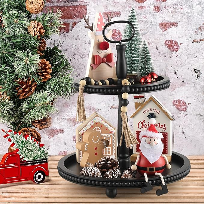 Beaded Tiered Tray Stand, Rustic Wooden 2 Tier Decorative Tray with Bead Garland, Farmhouse Round Wood Serving Tray Counter Centerpiece for Coffee Bar Home Decor Holiday Housewarming Gifts (Black)