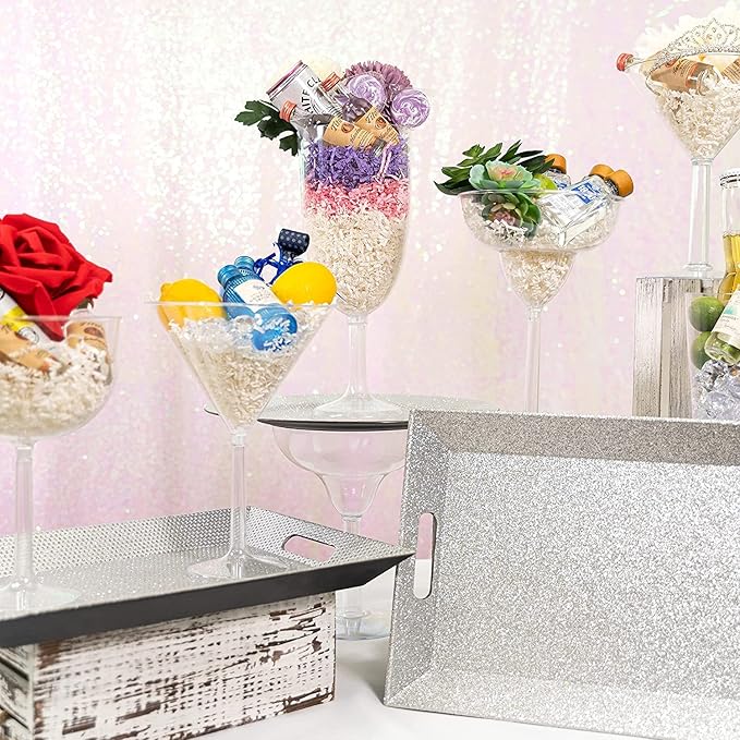 Simply Elegant Pack of 6 Silver Beaded Rectangle Tray – 15.75 x 10.75 x 1.5 Inches, Lightweight Serving Tray, Durable Quality, High-Grade Plastic, Unbreakable, Decorative Tray