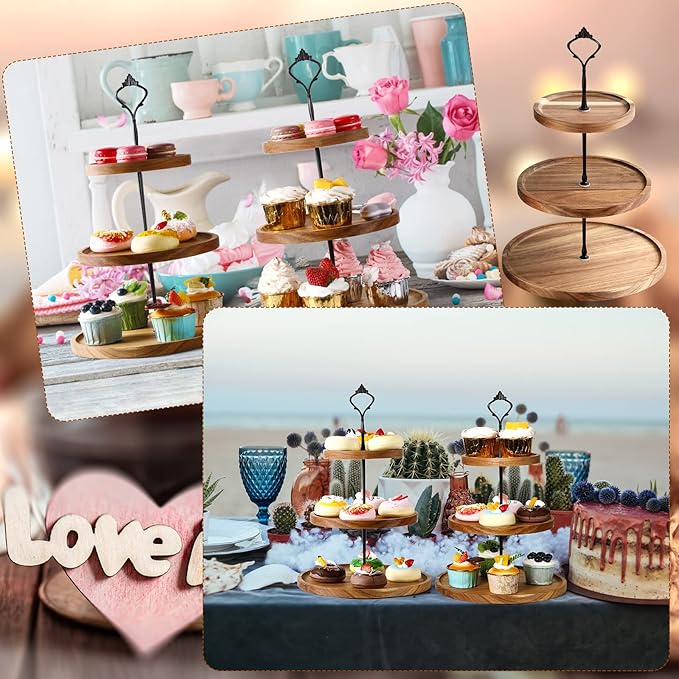 Zopeal 3 Set 3 Tier Wood Cupcake Stand,Rustic Wooden Serving Tray Farmhouse Dessert Display Tiered Cake Tower Holder for Kitchen Wedding Birthday Tea Party Decorations(Medium(5.9''7.8''9.8''))