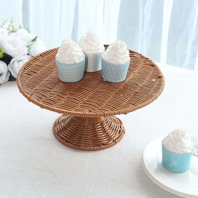 Efavormart Natural Plastic Rattan Wicker Pedestal Cake Stand, Round Rustic Cupcake Holder Dessert Table Display Centerpiece - 12"