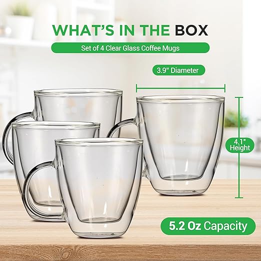 NutriChef Double Walled Glass Espresso Cups - 5.2 Fluid Oz Premium Insulated Borosilicate Glass Coffee Mugs for Hot & Cold Drinks - Dishwasher Safe, Set of 4