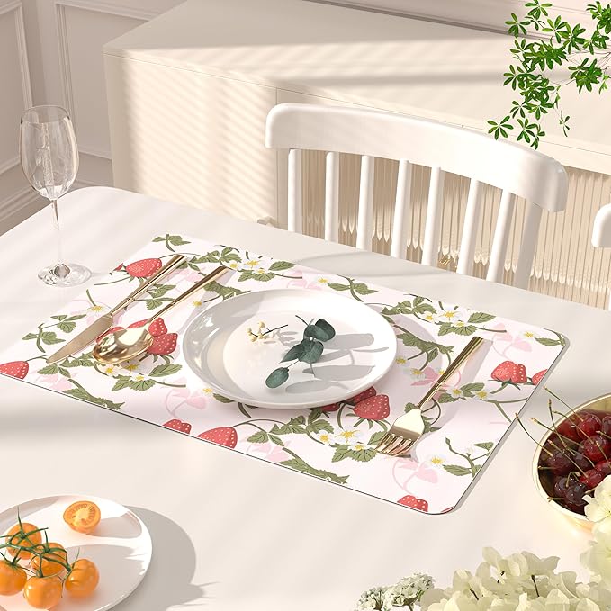 QIYI Placemats Set of 6, 12x18 Inch PU Leather Place Mats for Kitchen Dinning, Heat Resistant Anti Slip Pink Table Mats, Waterproof Wipeable Washable Placemat Party Table Décor, Sweet Strawberry
