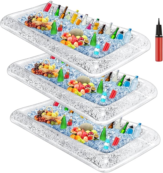 Leitee 3 Pcs Inflatable Serving Bar 52 x 24 x 5'' Ice Buffet Serving Tray Drink Cooler with Drain Plug Inflatable Pool Bar for Party Food Drink Holders with a Hand Pump(Glitter Silver)