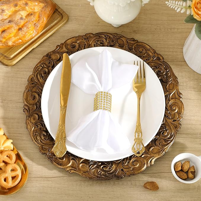 30 Pcs Antique Gold Charger Plates Bulk 13 Inch Embossed Rim Plastic Round Decorative Vintage Plates Charger for Dinner Wedding Party Event Table Setting Decoration (Classic)