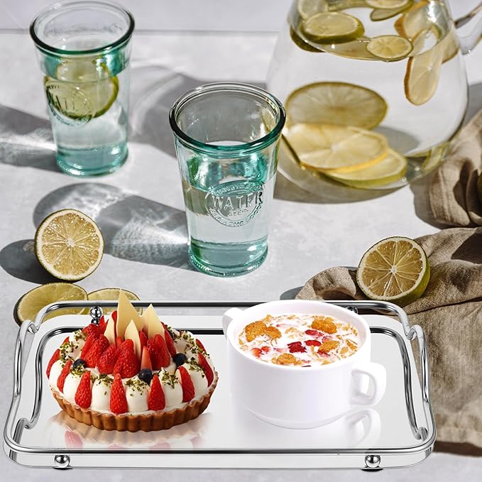 CHILDWEET Stainless Steel Serving Tray with Handles, Small Rectangular Food Tray for Beverage Service, Mirror Finish Silver Platter for Entertaining and Bed Use