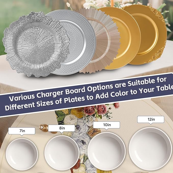 PROY 100 Pcs Silver Charger Plates Bulk, 13" Silver Reef Charger Plates for Wedding, Thanksgiving, Christmas, Plastic Chargers for Dinner Plates