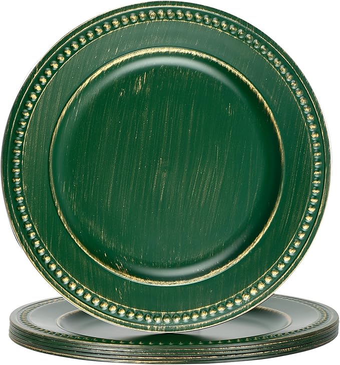 Vintage Charger Plates Set of 6, Beaded Service Plate, Plastic Charger Plate Set Bulk Wedding Easter, Event, Holiday, Christmas, Elegant Table Setting Centerpieces, Hunter Green
