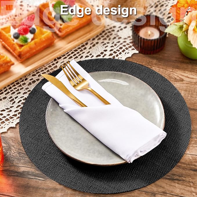 Yunlly Set of 48 Round Burlap Placemats Bulk Burlap Farmhouse Placemats Set Heat Resistant Table Mats Circle Jute Charger Place Mats for Wedding Holiday Dinner Rustic Table Decorations(11.8 in,Black)
