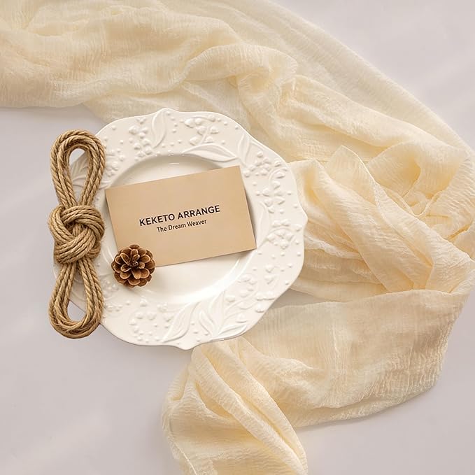 Keketoarrange White Spring Easter Cheesecloth Table Runner Ivory Cream Gauze Rustic Cheese Cloth Table Runner 120 Inch 10 FT for Wedding Baby Bridal Shower Party Sheer Boho Spring Home Decorations