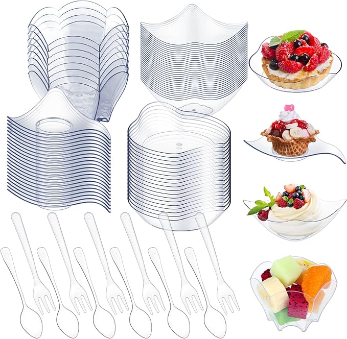 Tessco 200 Pcs Mini Appetizer Plates with Spoons Forks Disposable Mini Dessert Plates Plastic Appetizer Bowls Tiny Individual Serving Trays for Party(Clear,Modern)