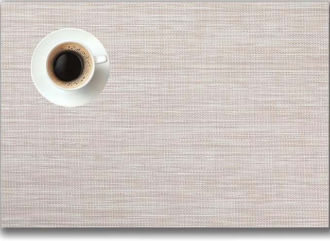 Placemats Set of 6 - Easy Clean Woven Vinyl Placemats for Dining Table, Indoor/Outdoor Place Mats, Washable PVC Table Mats（Beige）