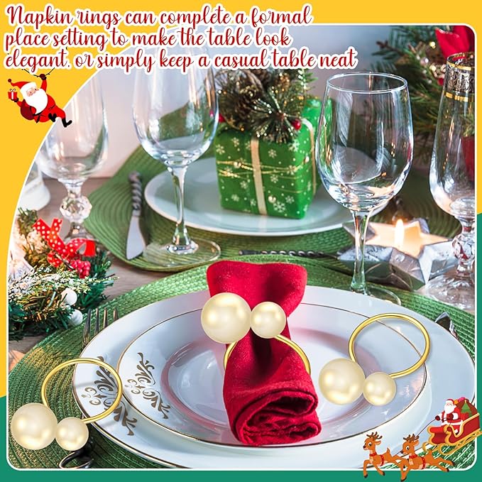 Sliner 24 Pcs Pearl Napkin Rings, Gold Table Napkin Holder Buckles for Dinning Table Setting Christmas Wedding Party Supplies